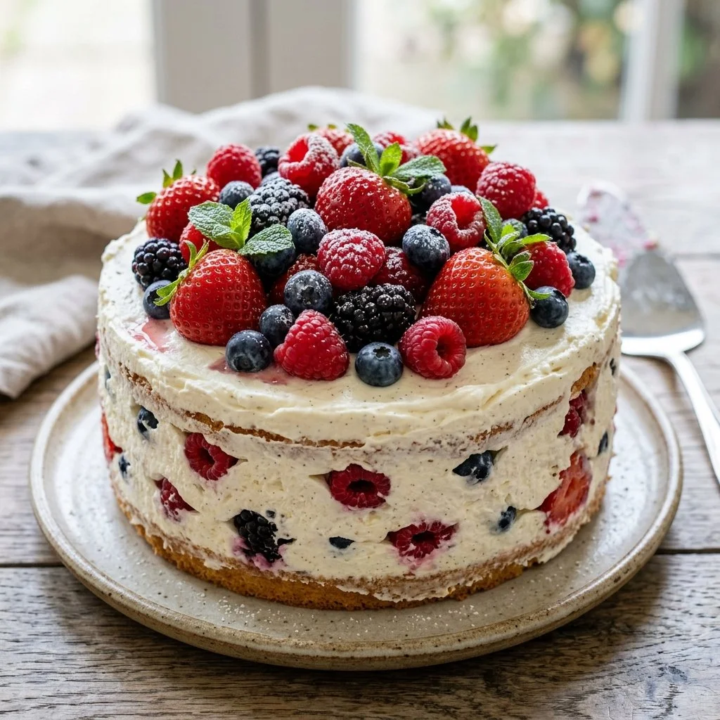 Delicious slice of Berry Chantilly Cake topped with fresh berries and cream