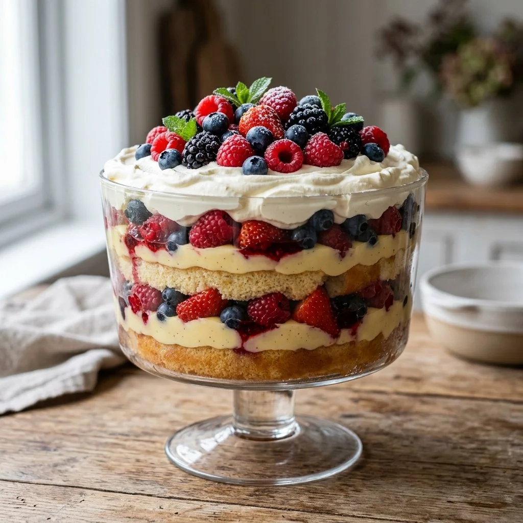 Colorful berry trifle with layers of cream, fruit, and sponge cake.