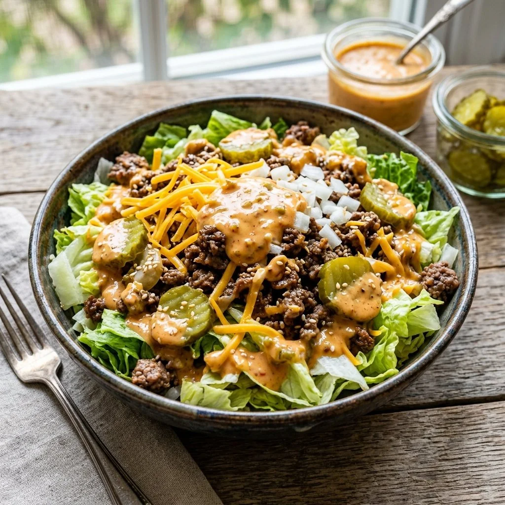 Delicious Big Mac Salad with fresh ingredients and dressing