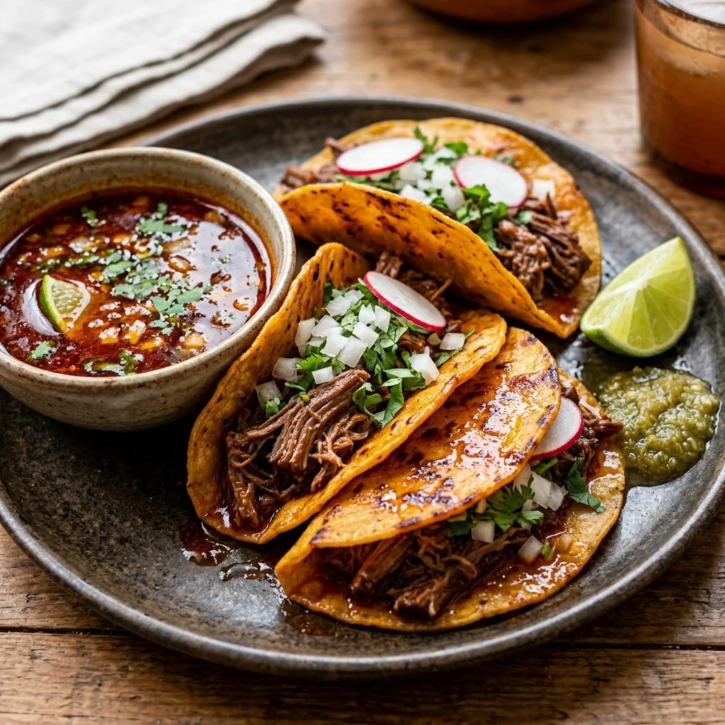 Delicious birria tacos served with vibrant toppings and consommé.