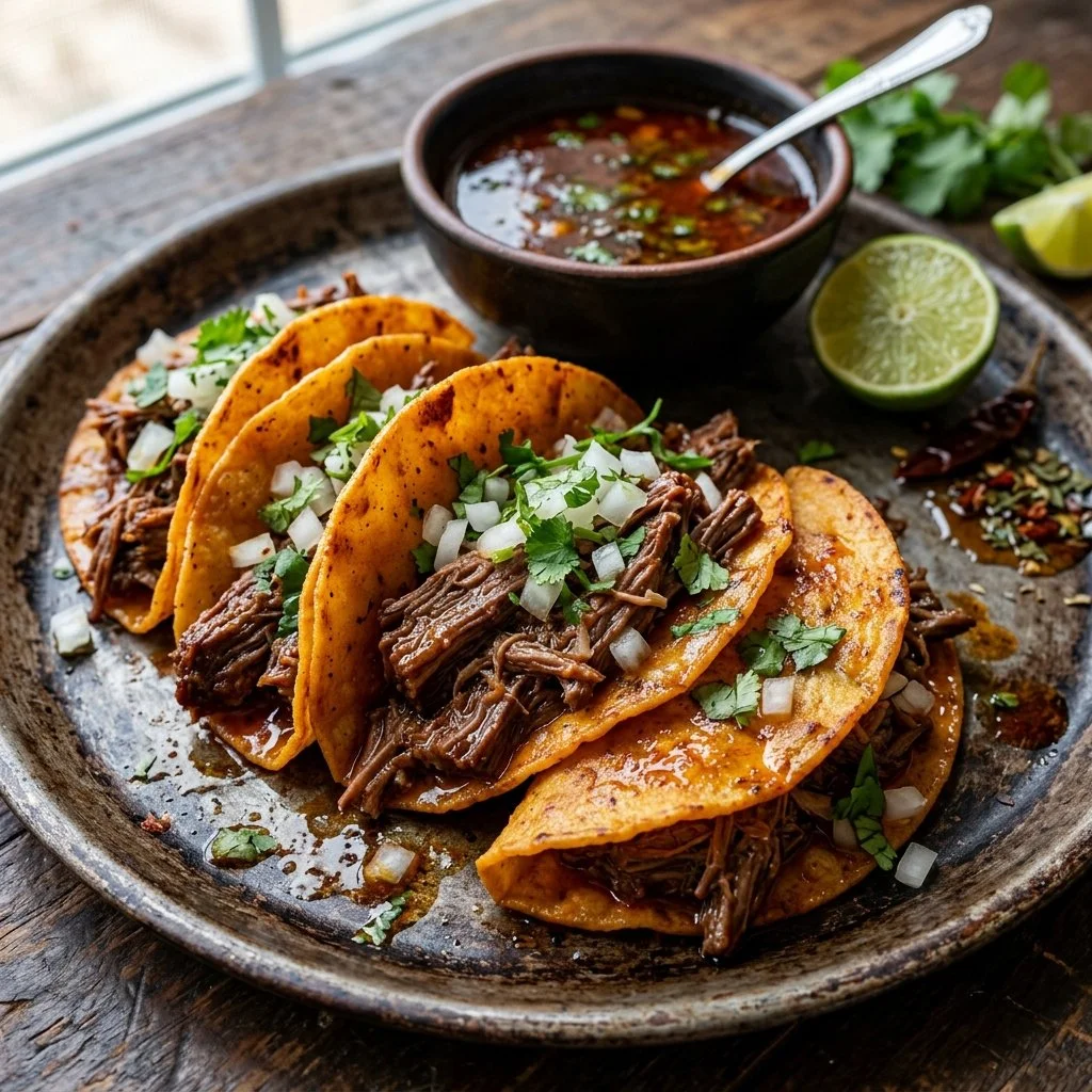 Delicious birria tacos served with fresh toppings and savory consomme.