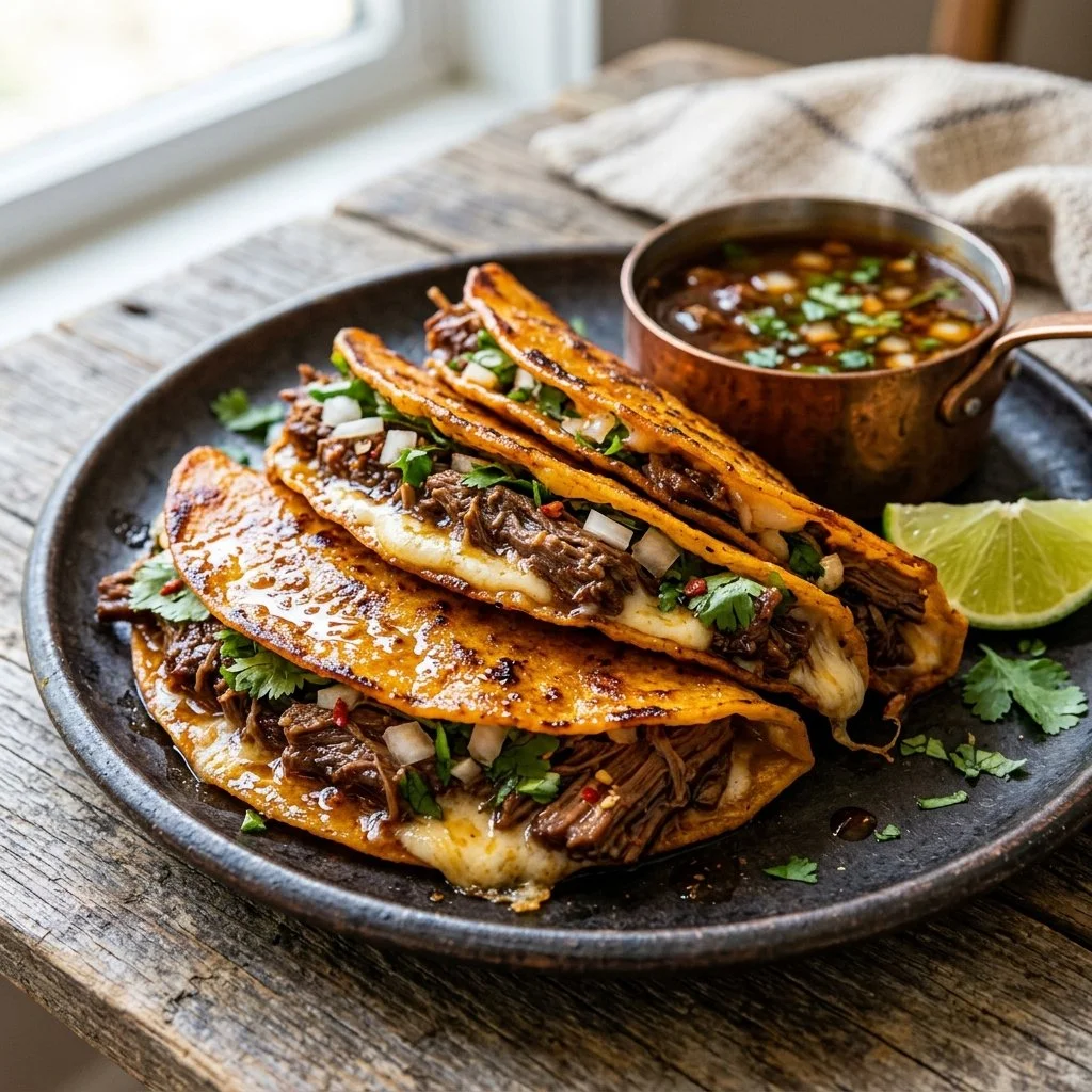 Delicious Birria Tacos with broth served on a plate