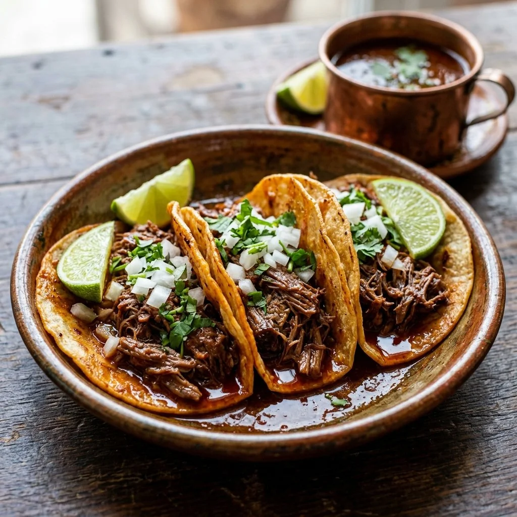Delicious Birria Tacos served with consomme and garnishes.