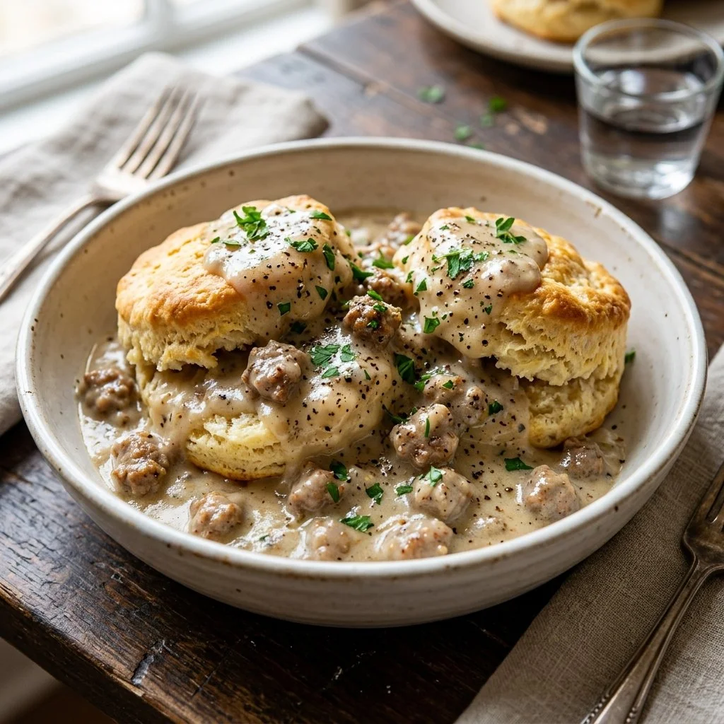 Delicious plate of biscuits and gravy topped with sausage gravy