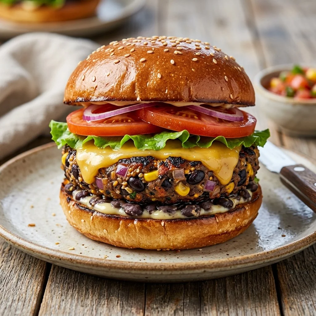 Homemade black bean burgers served on a plate with fresh vegetables