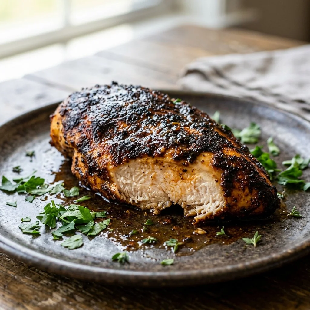 Delicious blackened chicken breast garnished with herbs and spices