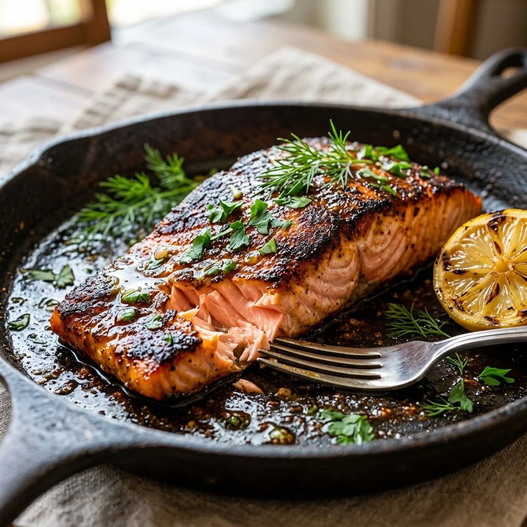 Deliciously seasoned blackened salmon dish served with fresh vegetables
