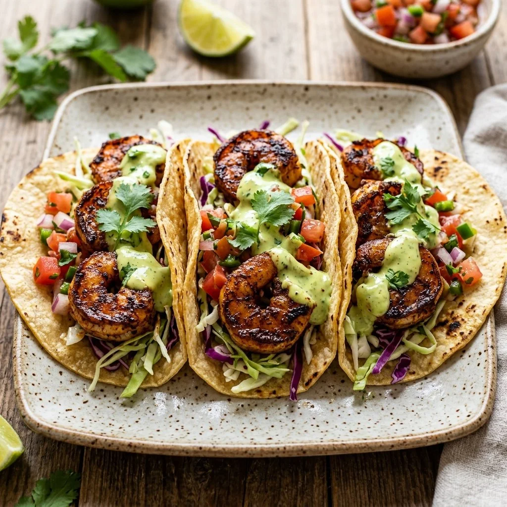 Delicious blackened shrimp tacos topped with fresh ingredients