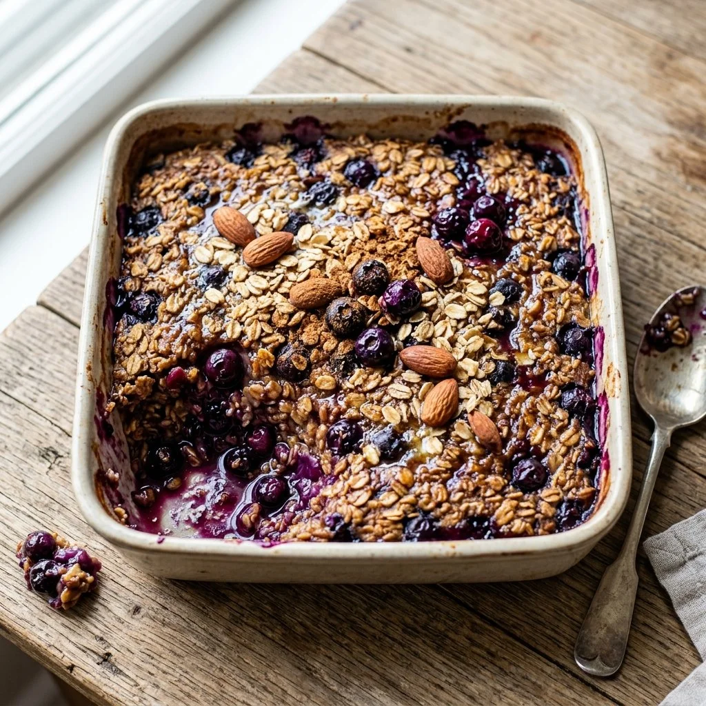 Delicious blueberry baked oatmeal topped with fresh blueberries and nuts.