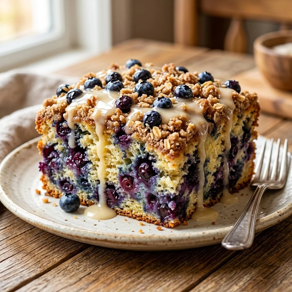 Freshly baked Blueberry Coffee Cake topped with streusel and blueberries