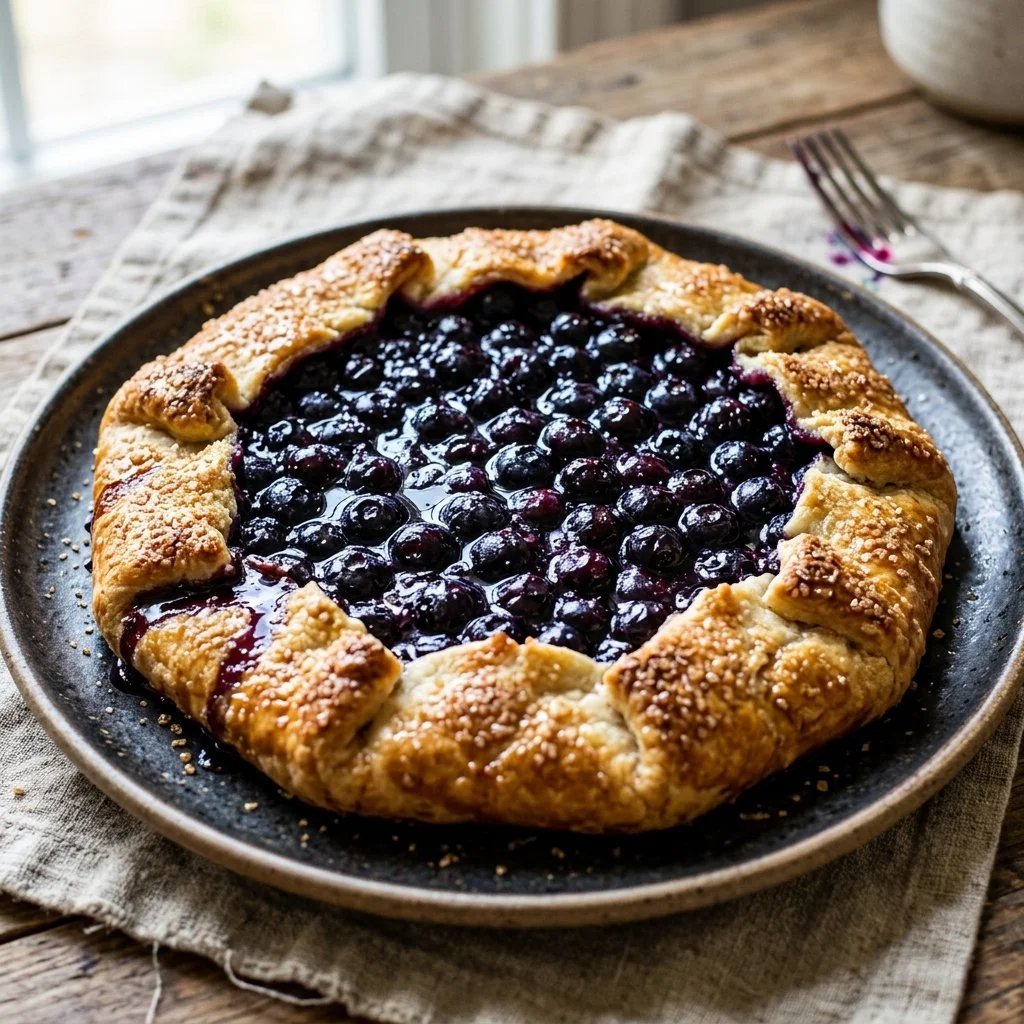 Freshly baked blueberry galette with golden crust and juicy blueberries