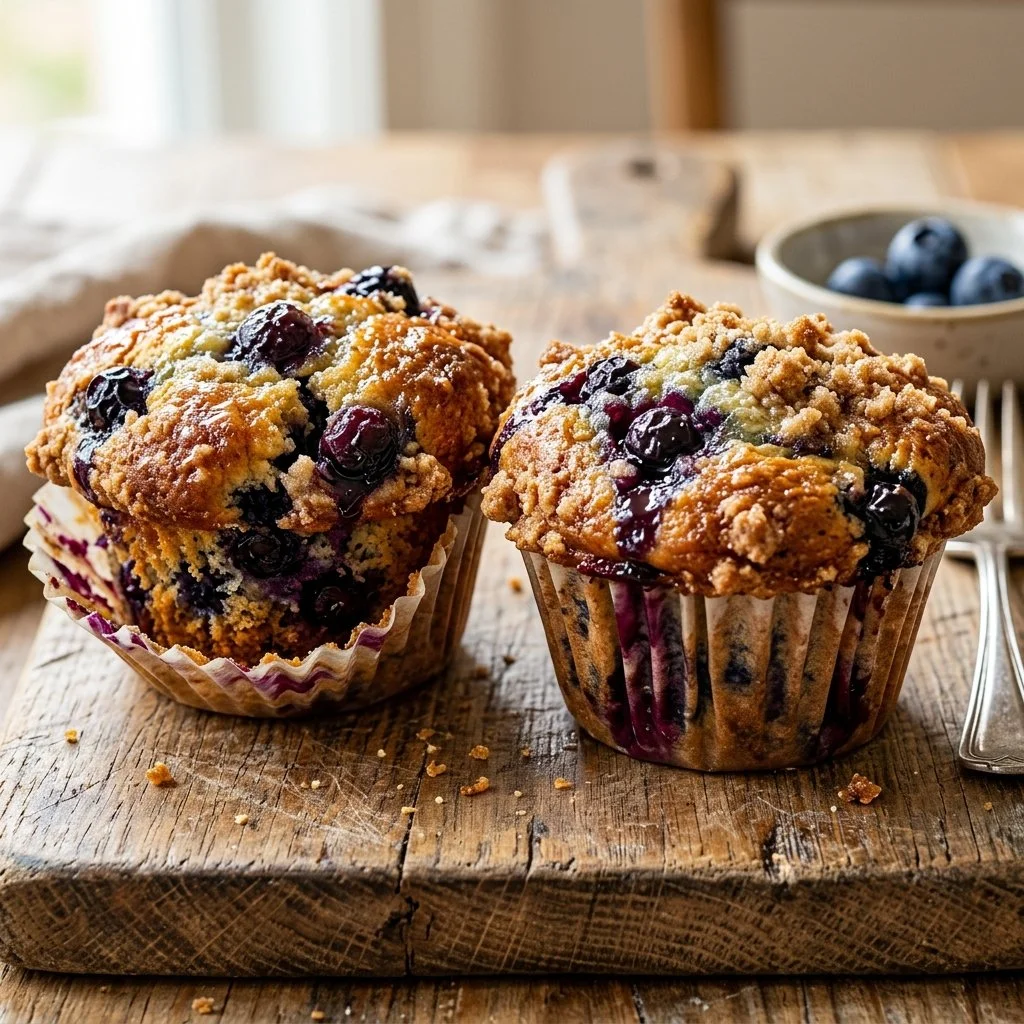 Freshly baked blueberry muffins with a golden crust and juicy blueberries