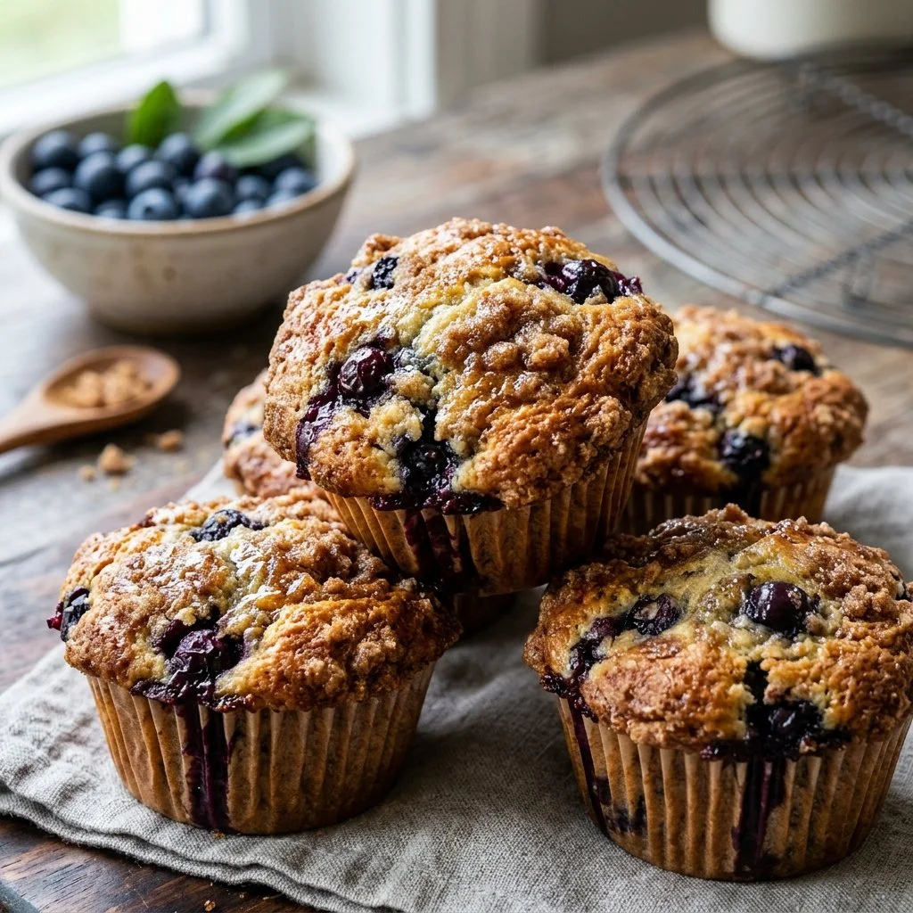 Freshly baked blueberry muffins on a wooden table