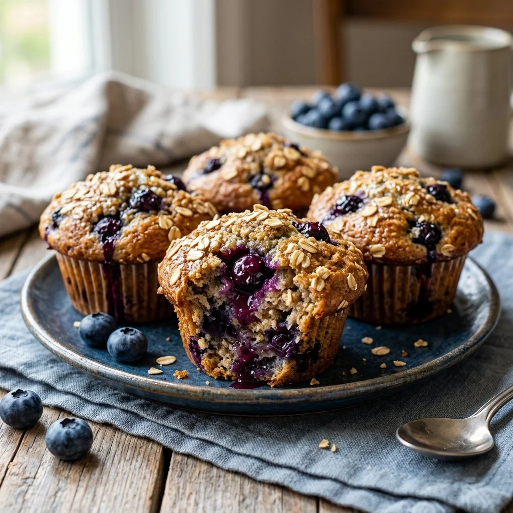 Freshly baked blueberry oatmeal muffins cooling on a wire rack