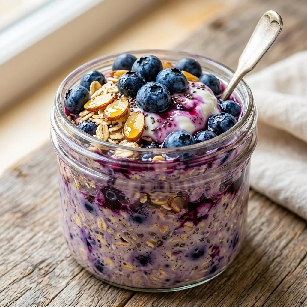 A bowl of blueberry overnight oats topped with fresh blueberries and nuts