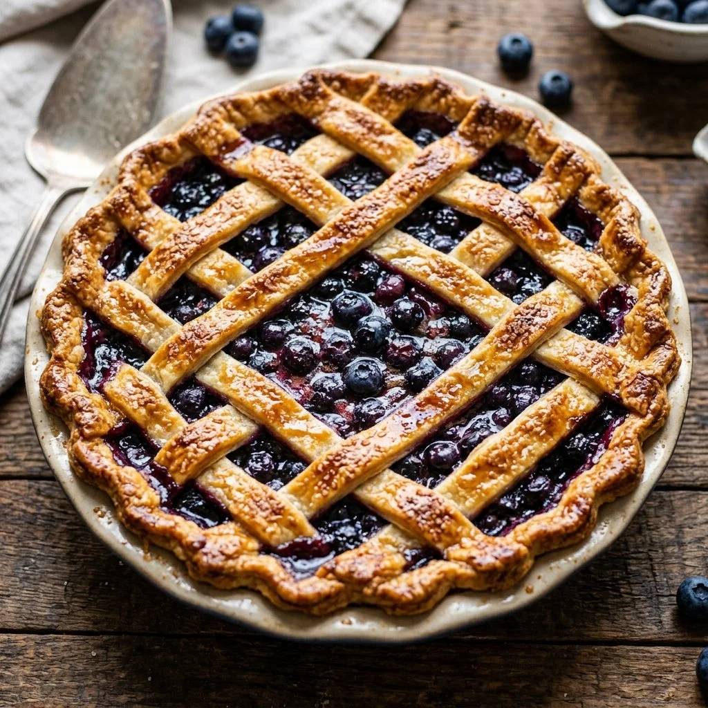 Delicious homemade blueberry pie with a golden crust and fresh blueberries.