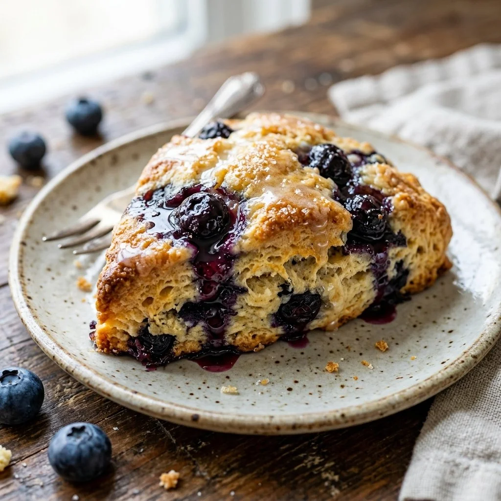 Freshly baked blueberry scones with a golden crust and juicy blueberries