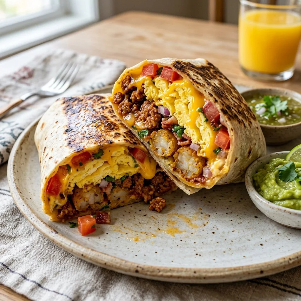 A delicious breakfast burrito filled with eggs, cheese, and fresh vegetables.