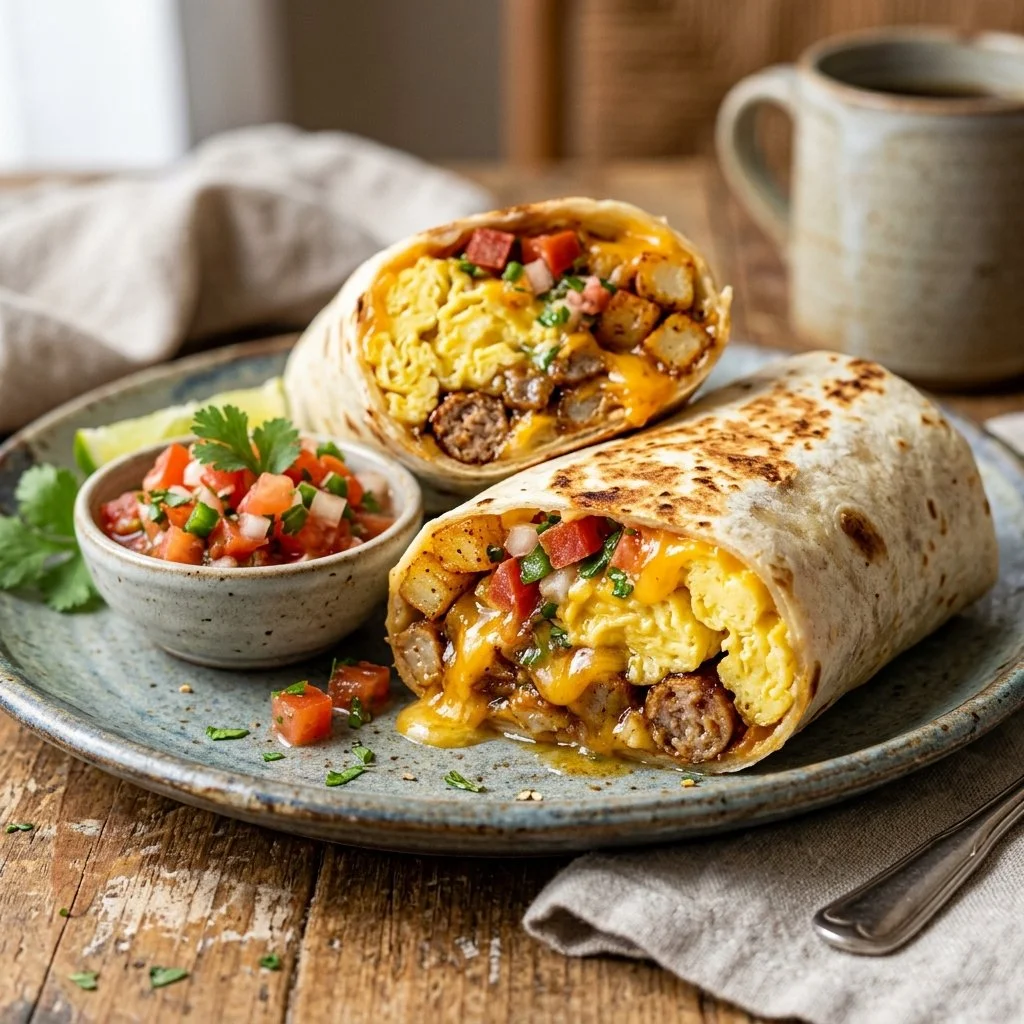 Delicious breakfast burritos filled with eggs, cheese, and fresh ingredients.