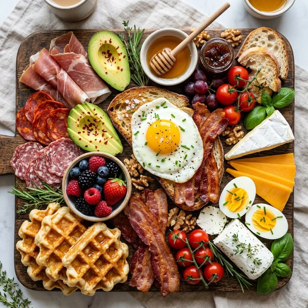 Colorful breakfast charcuterie board featuring fruits, cheeses, and pastries.