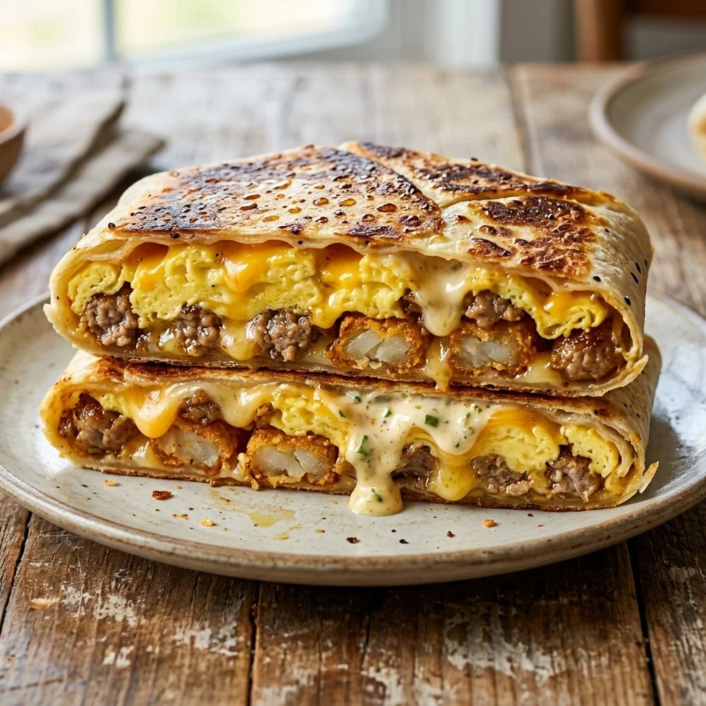 Delicious Breakfast Crunchwrap filled with eggs, cheese, and toppings