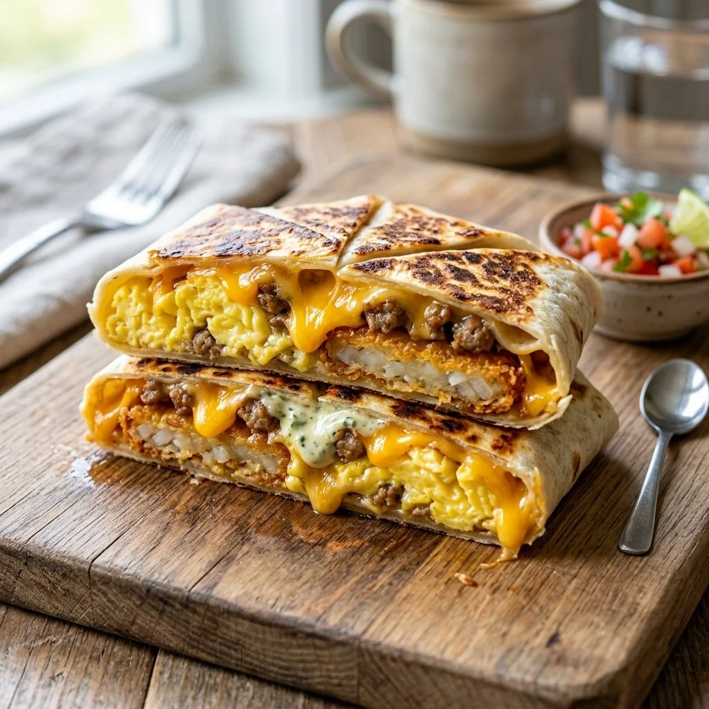 Delicious Breakfast Crunchwrap Supreme filled with eggs, cheese, and veggies