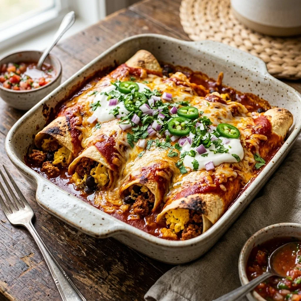 Delicious breakfast enchiladas filled with eggs and cheese
