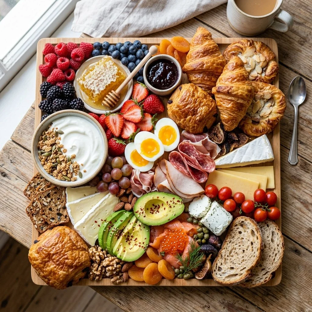 Deliciously arranged breakfast grazing board with fruits, pastries, and spreads.