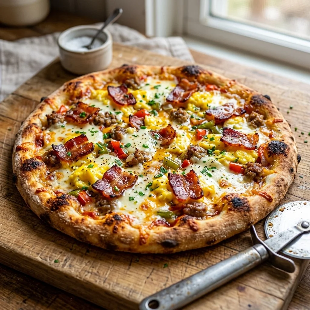 Freshly baked breakfast pizza topped with eggs, cheese, and veggies