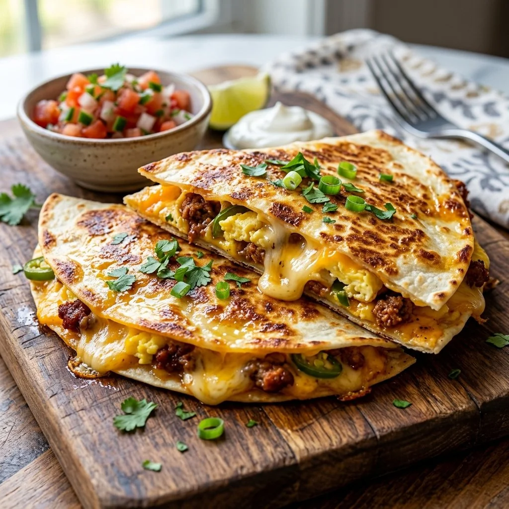 Delicious Breakfast Quesadillas filled with eggs and cheese on a plate.