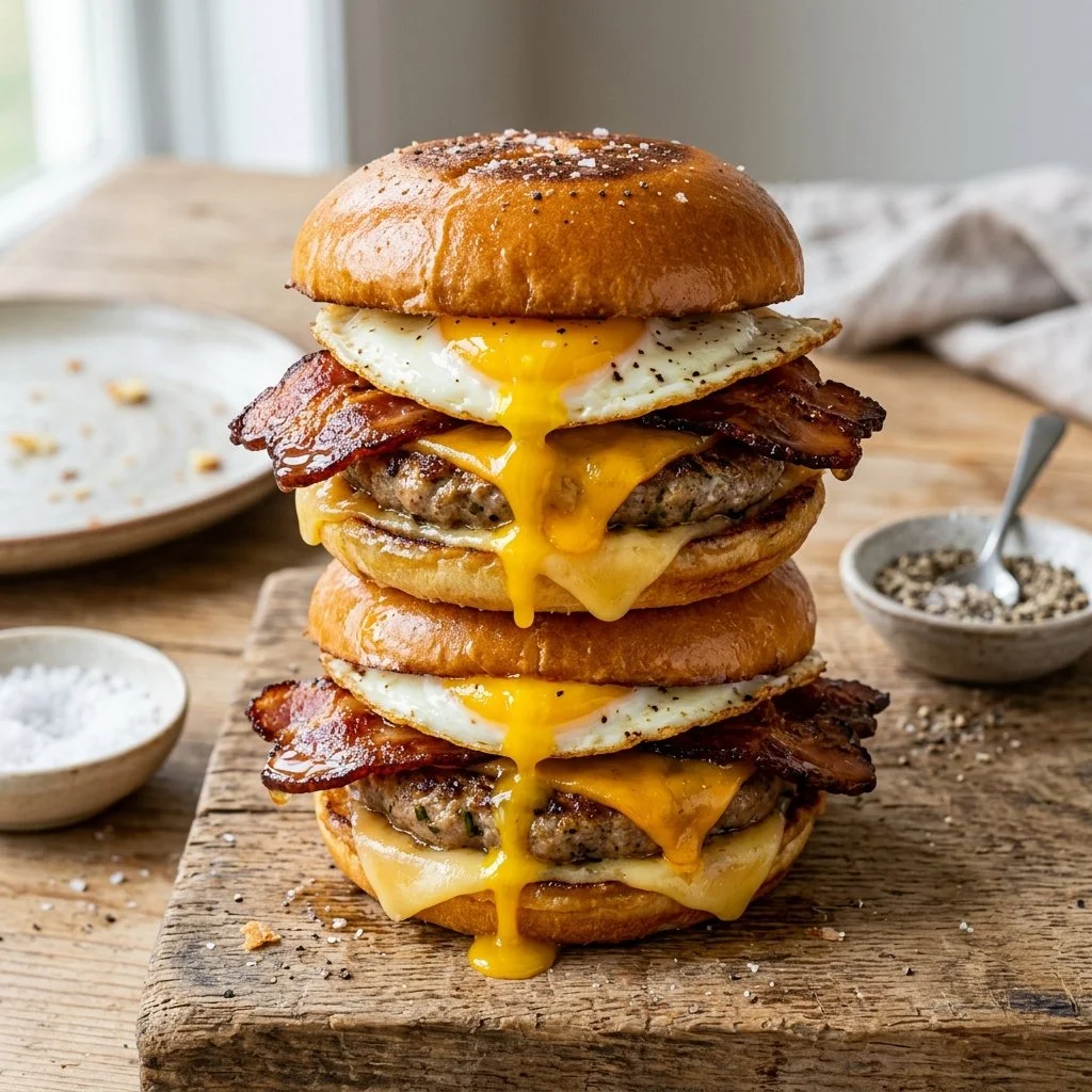 Variety of delicious breakfast sandwiches on a wooden table