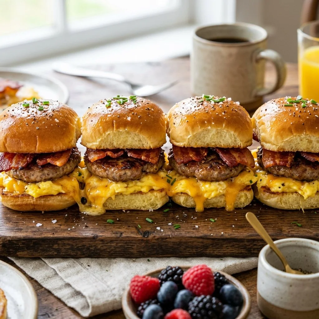 Delicious breakfast sliders stacked with eggs, cheese, and bacon on a platter.