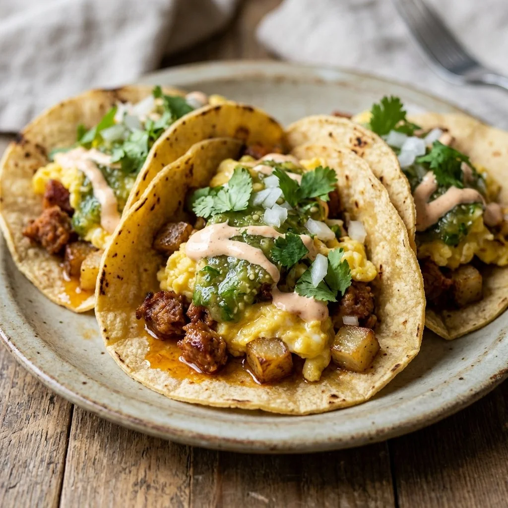 A delicious plate of breakfast tacos with eggs, cheese, and fresh toppings.