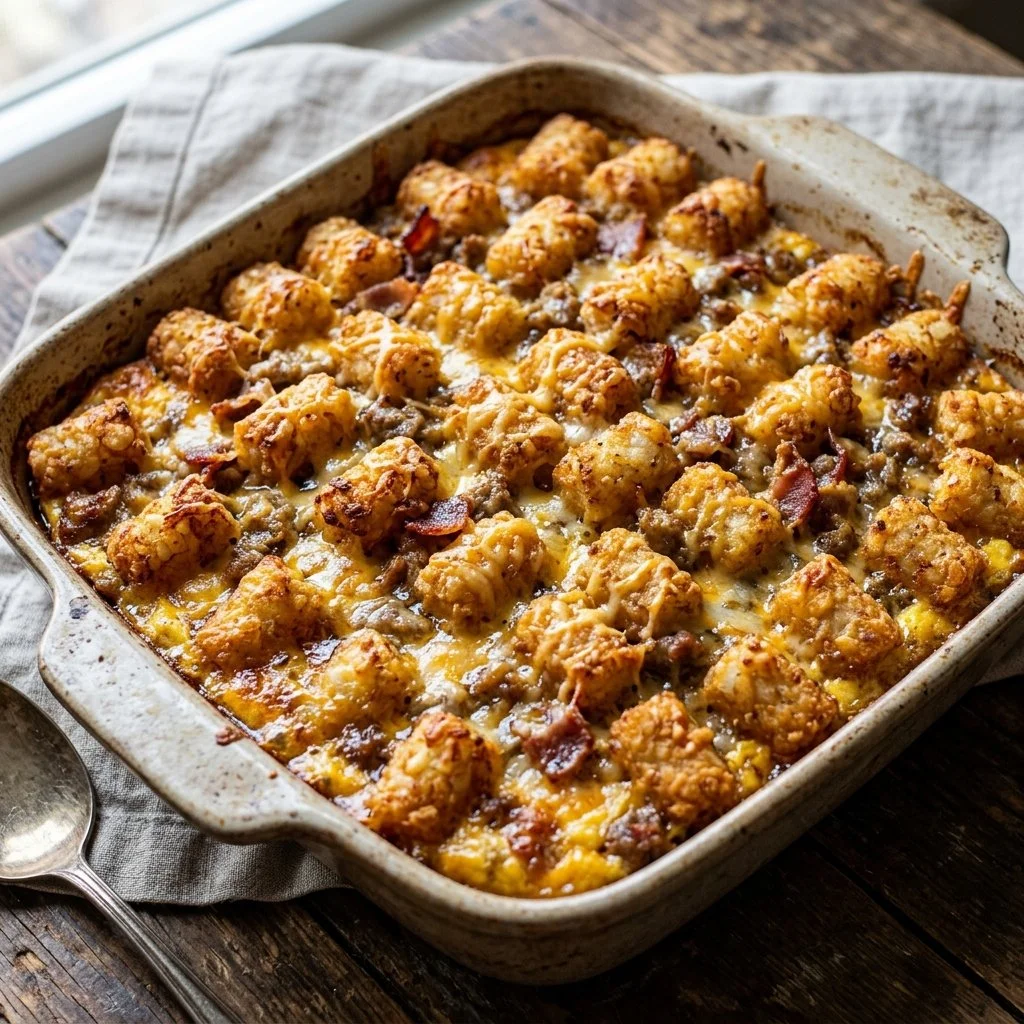 Delicious Breakfast Tater Tot Casserole topped with cheese and crispy tater tots