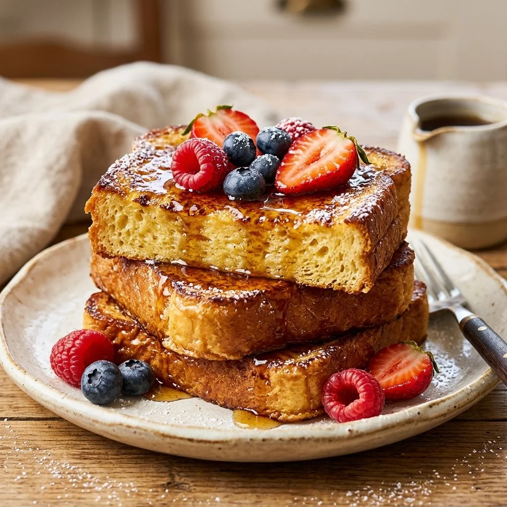 Deliciously fluffy Brioche French Toast topped with fresh berries and syrup.
