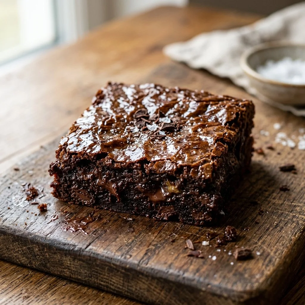 Delicious homemade brown butter brownies topped with chocolate chips.