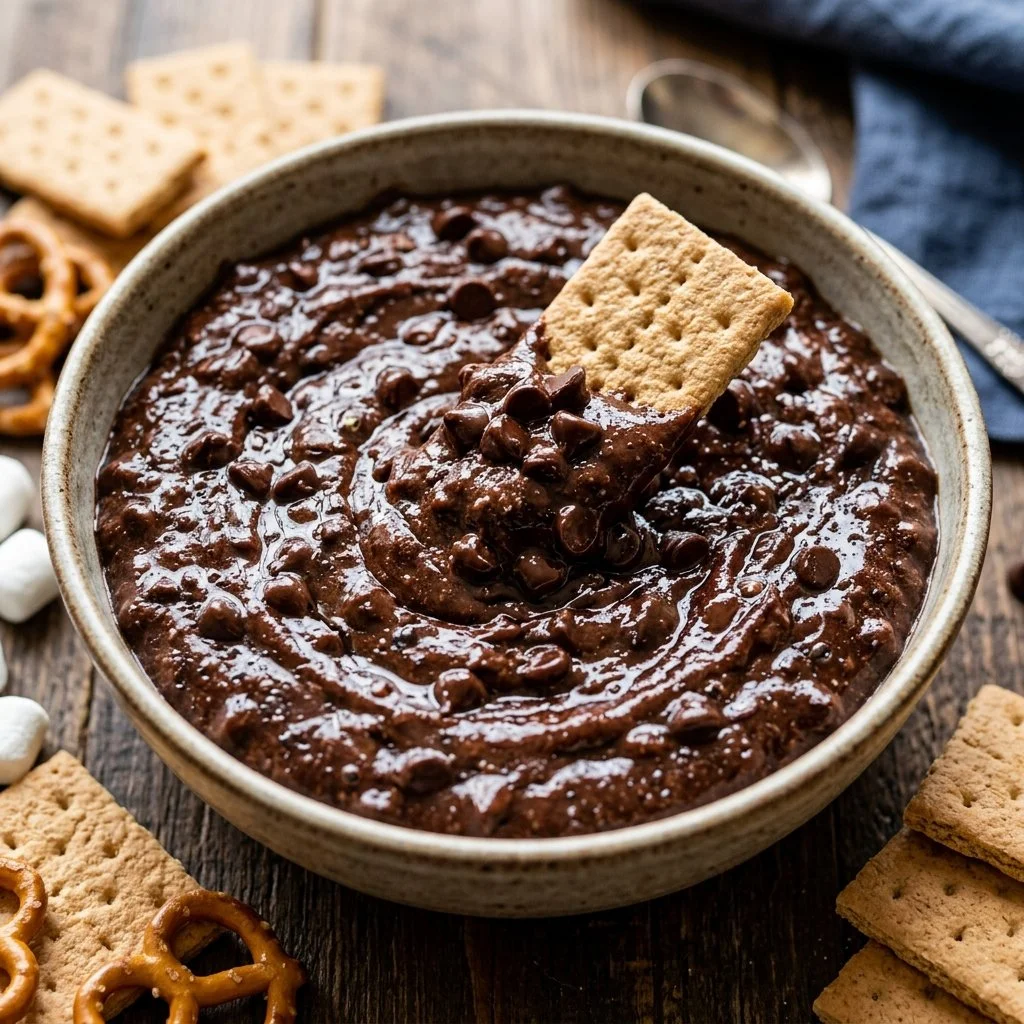 Delicious brownie batter dip served in a bowl with dipping snacks