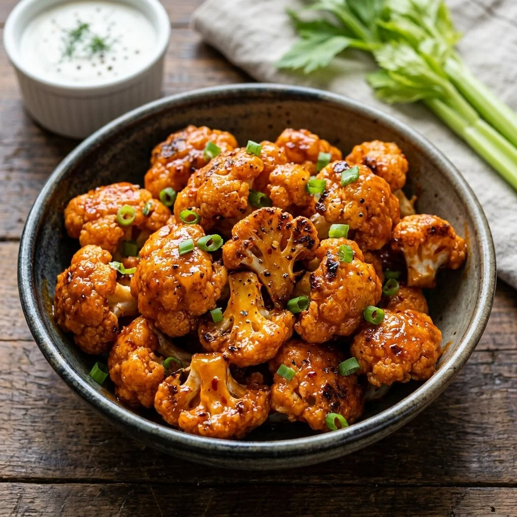 Spicy Buffalo Cauliflower Bites garnished with fresh herbs on a plate