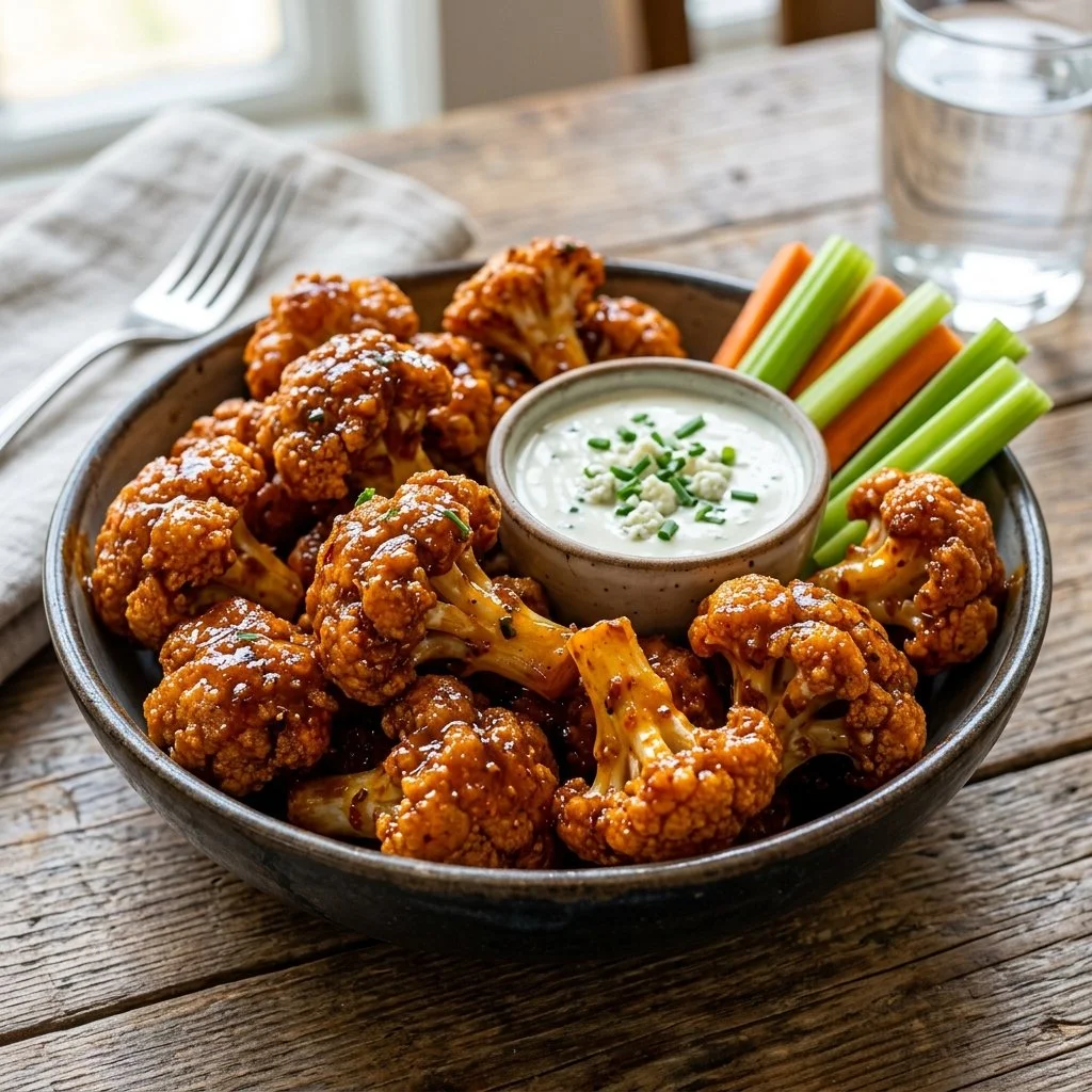 Crispy Buffalo Cauliflower Wings served with dipping sauce on a plate