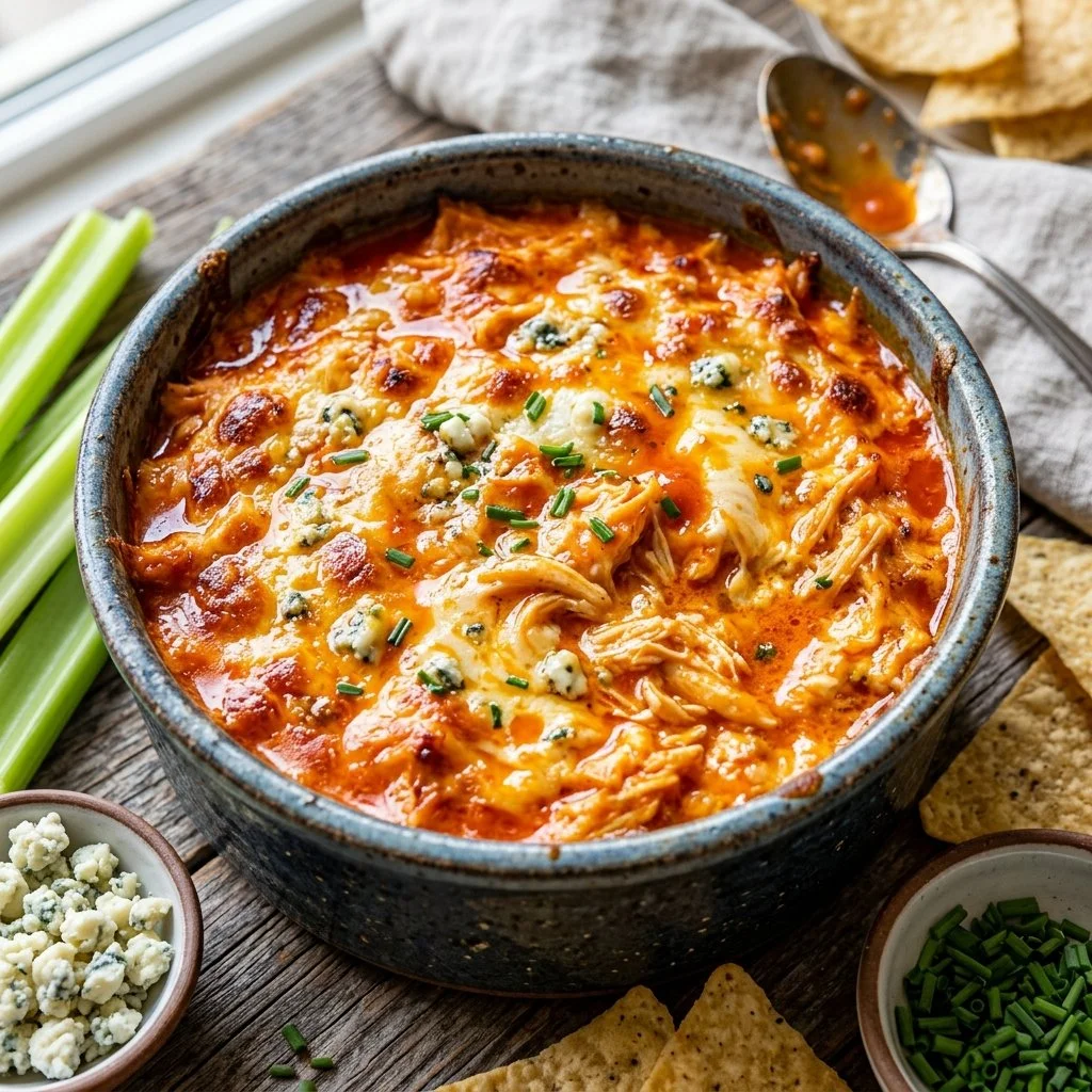 Delicious Buffalo Chicken Dip served in a bowl with tortilla chips