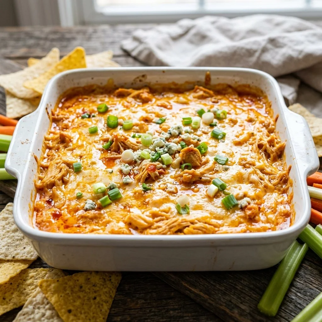Delicious Buffalo Chicken Dip served in a bowl, garnished with green onions.