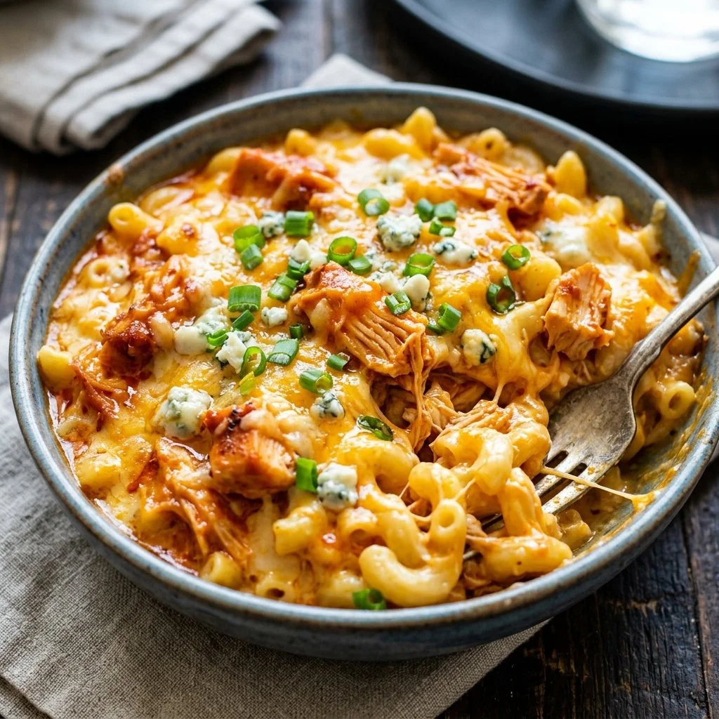 Creamy Buffalo Chicken Mac and Cheese topped with crispy buffalo chicken pieces