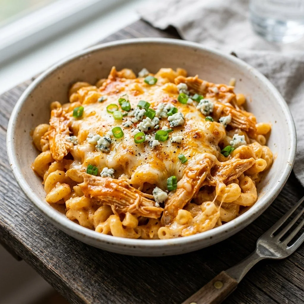 Delicious Buffalo Chicken Mac and Cheese topped with cheese and spicy chicken