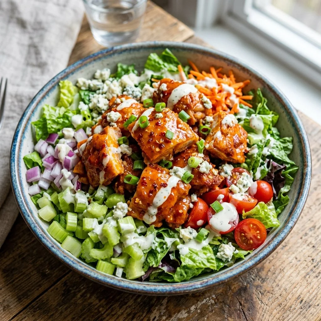 Buffalo Chicken Salad with fresh vegetables and spicy dressing
