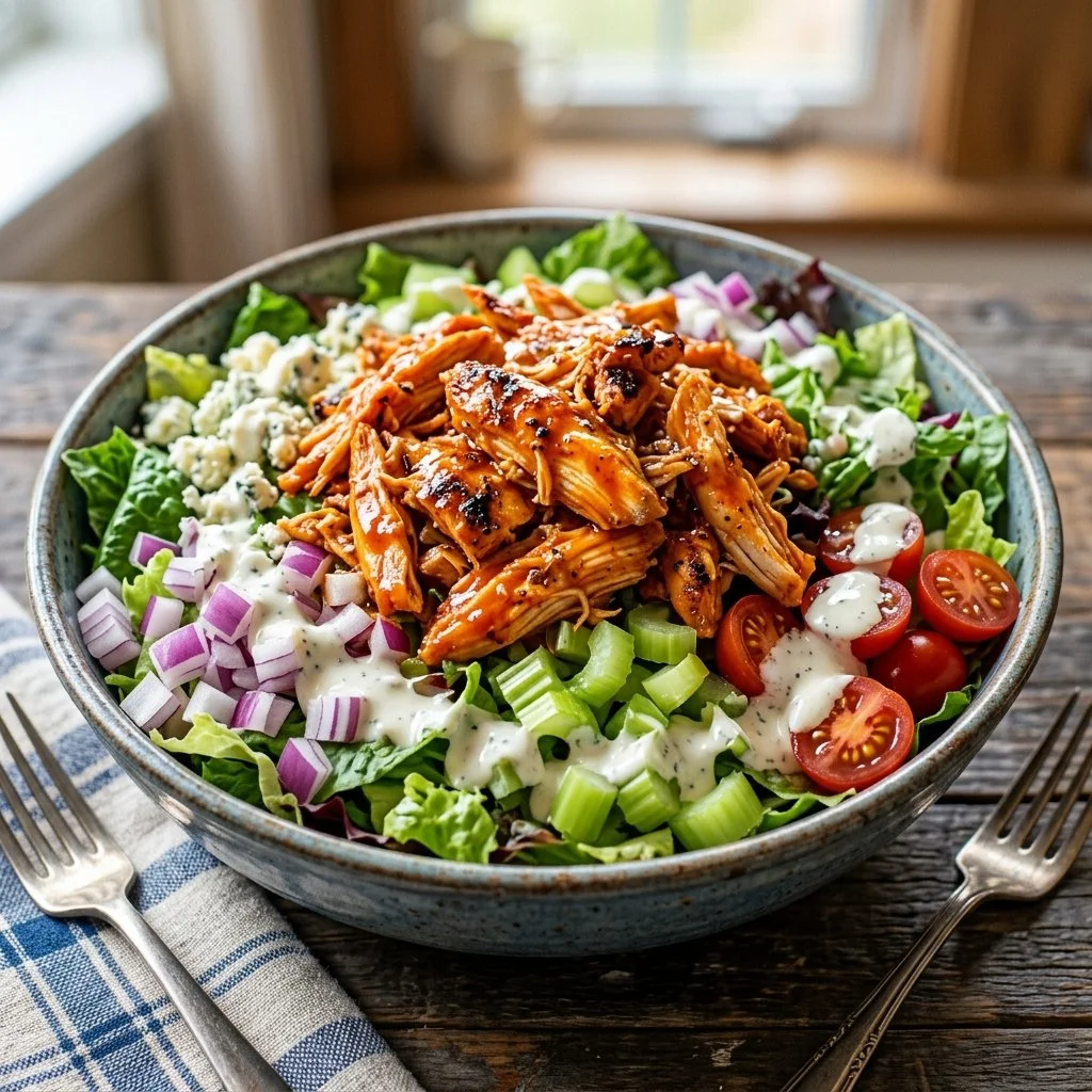Delicious Buffalo Chicken Salad with spicy chicken and fresh vegetables