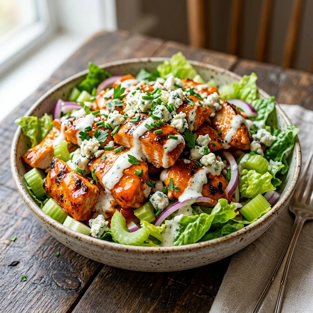 Delicious Buffalo Chicken Salad with spicy chicken and fresh vegetables
