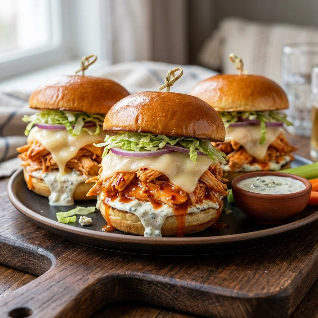 Delicious Buffalo Chicken Sliders served with fresh toppings and sauces