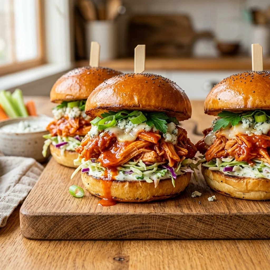 Buffalo Chicken Sliders served on a platter, topped with blue cheese and fresh herbs.
