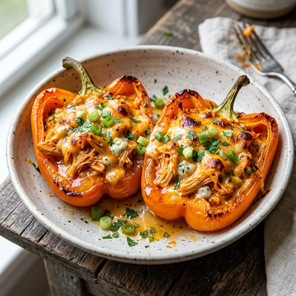 Buffalo Chicken Stuffed Peppers filled with spicy chicken and cheese