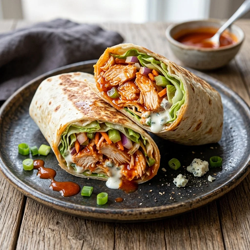 Delicious Buffalo Chicken Wraps piled high with flavor and spice